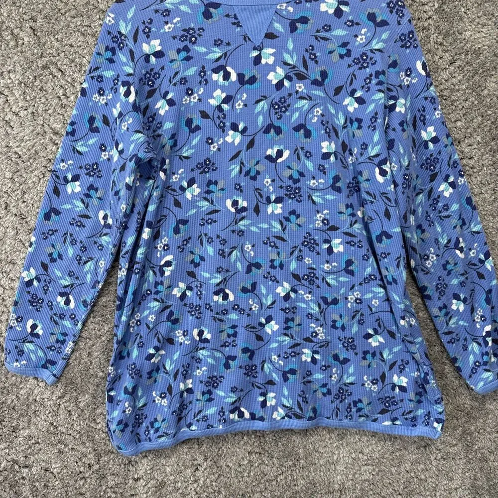 Woman Within 18/20 Waffle Knit Floral Long Sleeve Top Blue L - Picture 3 of 6
